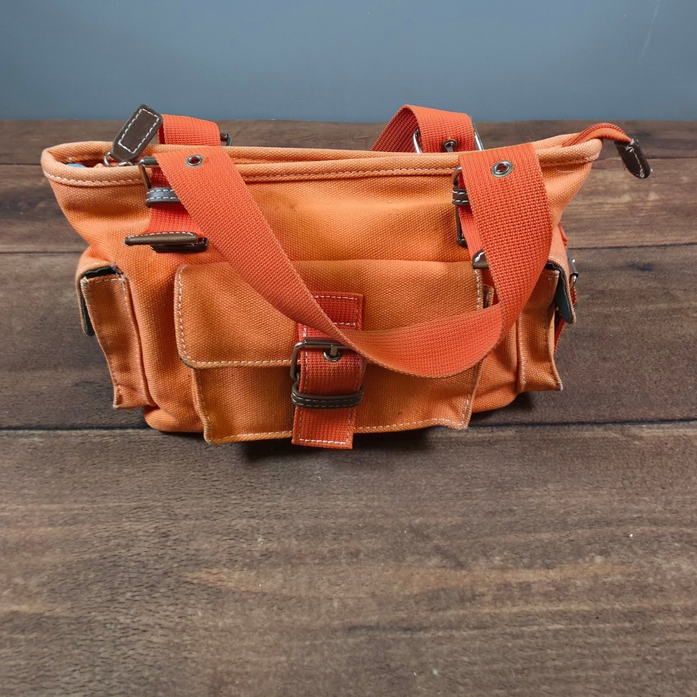 Barneys New York Canvas Shoulder Bag Womens Medium Orange Good Utility Buckle